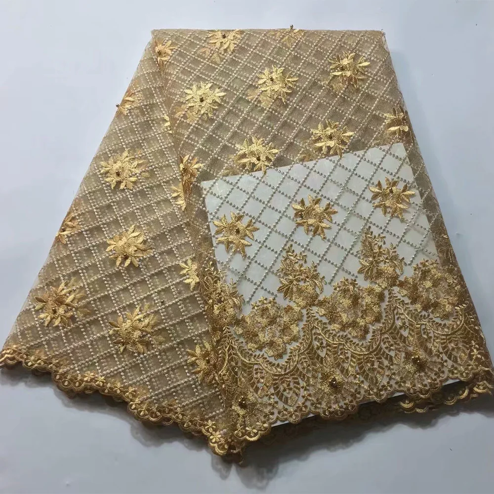 

Gold african tulle lace fabric with beads high quality blue peach white organza lace fabric new arrivals embroidered mesh fabric