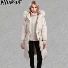 AYUNSUE/зимняя куртка для женщин, Корейская куртка на утином пуху, Женская куртка с капюшоном, большой енотный меховой воротник, длинное пуховое пальто, парки Mujer KJ608