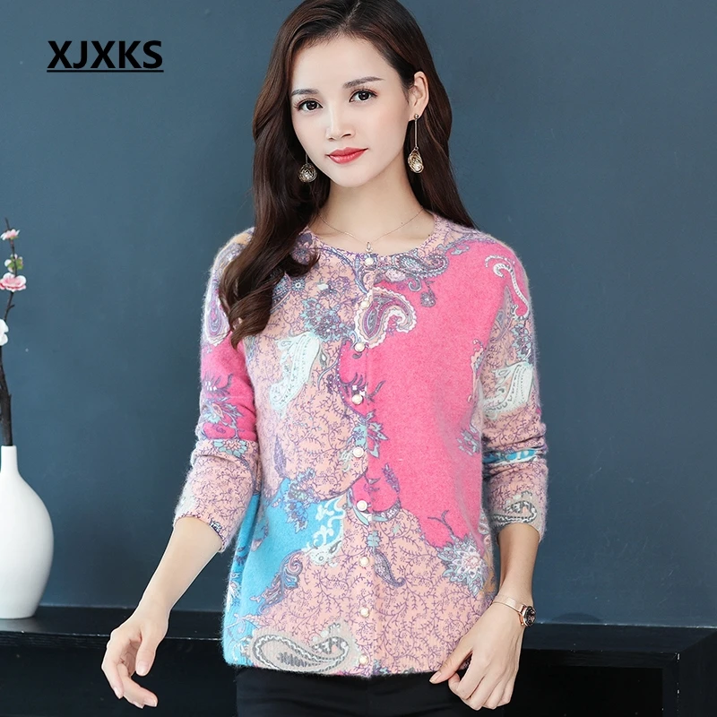 

XJXKS Vintage Women Sweaters And Cardigans 2019 Autumn New Printing Mink Cashmere Long Sleeve Women Sweater Cardigan Female