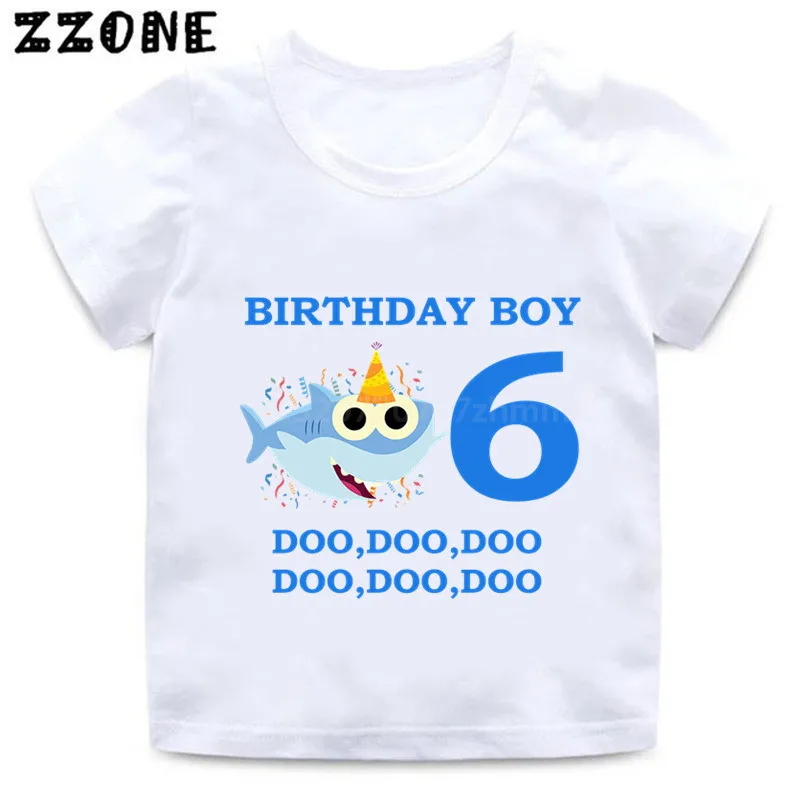 Забавная футболка с принтом в виде акулы для детей от 1 до 9 лет Детская футболка с надписью «Happy Birthday» летняя одежда для мальчиков и девочек HKP2441 - Цвет: whiteF