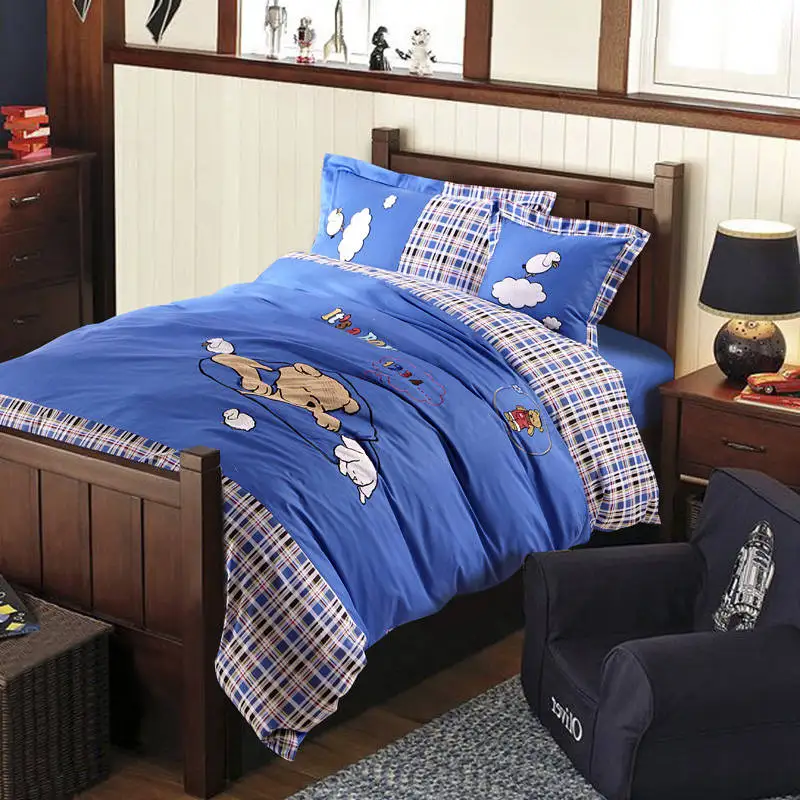 Cartoon Bears Plaid Applique Embroidered Bedding Sets Twin Full Queen