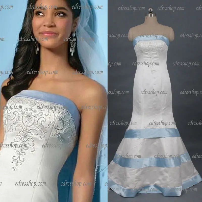 white wedding dress with blue trim