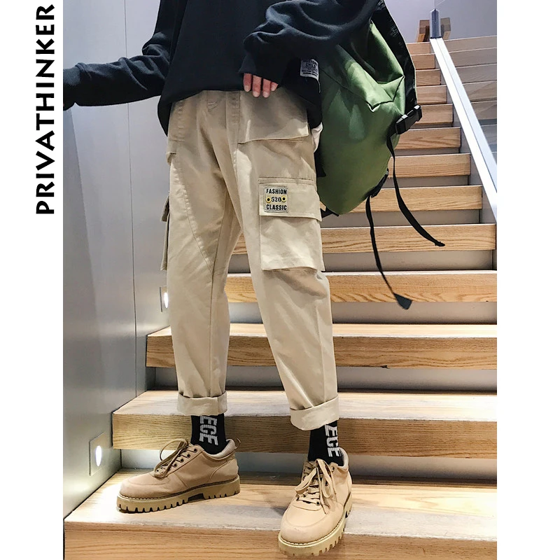 Online Pantalones de carga Vintage para hombre, 2019 para hombre, con bolsillos caqui, pantalones para correr, pantalones de chándal de moda coreana para hombre, monos de invierno