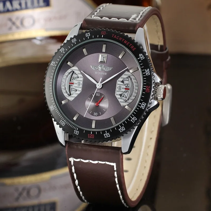 Победитель Мода Для мужчин Элитный бренд кожаный ремешок Спорт Дата Watch Automatic Механические часы Подарочная коробка Relogio Releges 2016