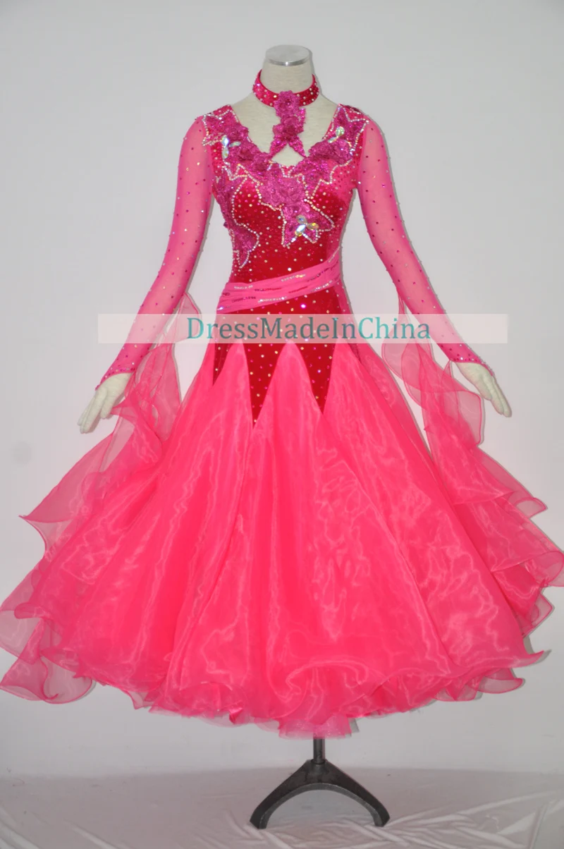 Standard Ballroom Waltz Dress For Women Customized Long Sleeve Red