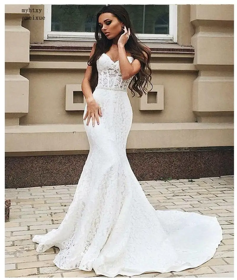 

Mermaid Wedding Dresses 2019 Lace Appliques With Beaded Sashes Sleeveless Bride Dress Custom Made Vintage Wedding Gown Casamento