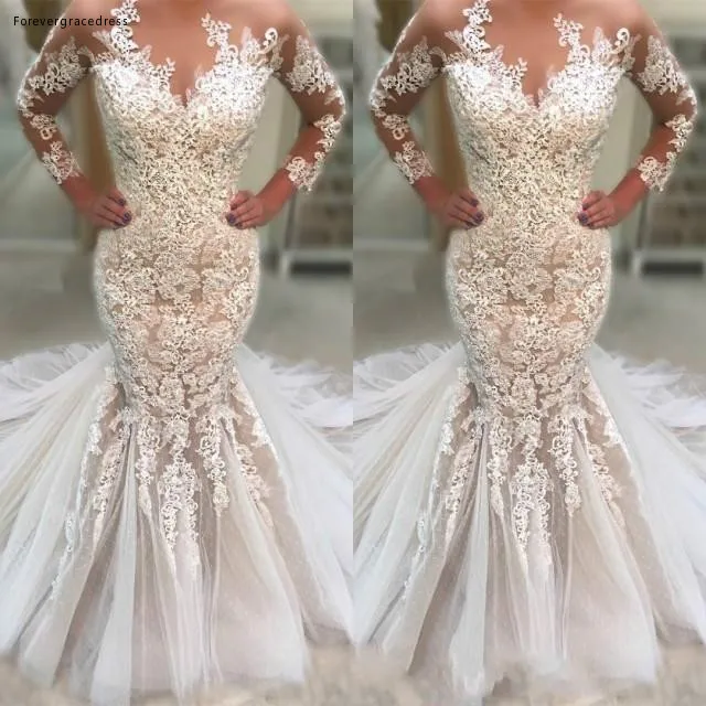 Gorgeous Long Sleeves 2019 Wedding Dress Mermaid Sheer Tulle Lace Applique Bridal Gowns Formal Vestidos de novia Custom Made  169