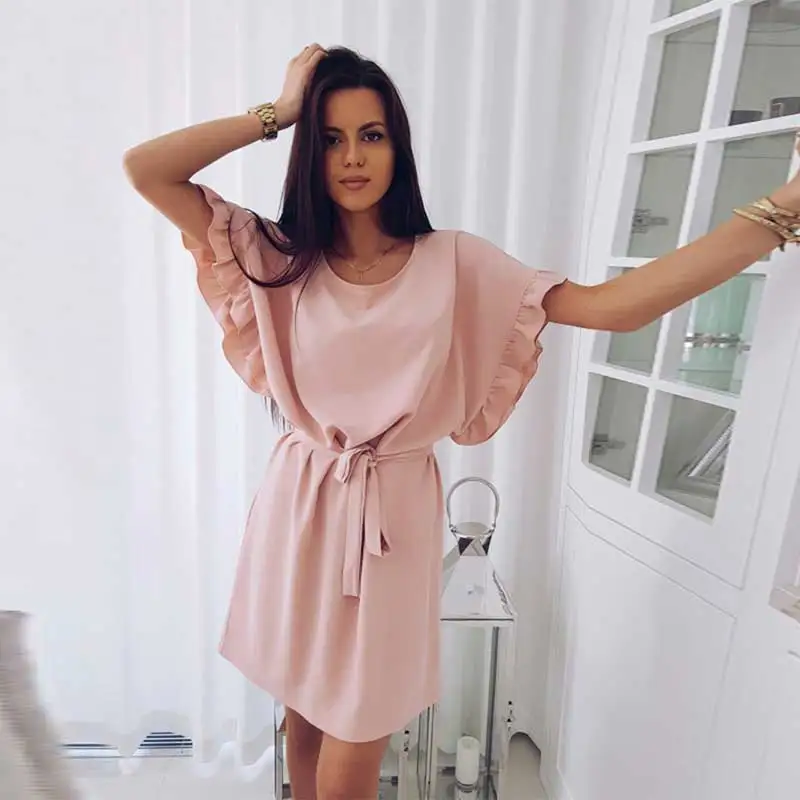 

Women Summer Short Dress Sundress Homewear Wide Casual Simple Dress Bandage Solid Red Pink Large Size XXL Tunic Ladies Bodycon