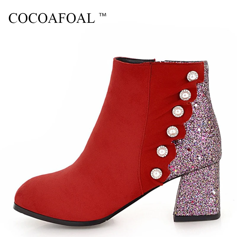 

COCOAFOAL Woman String Bead Ankle Boots Black Beige Red Winter Chelsea High Heels Boots Plus Size 33 41 43 Crystal Martin Boots