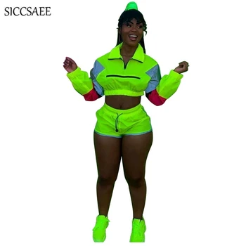 

Fluorescent Color Green Two Piece Set Reflecting Light Zipper Front Pullover Short Sets For Women Casual Playsuits Activewear