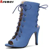 Asumerプラスサイズ34-43新しい高品質デニム夏アンクルブーツ10センチハイヒールセクシーなレースアップ女性のブーツ無地レディー靴