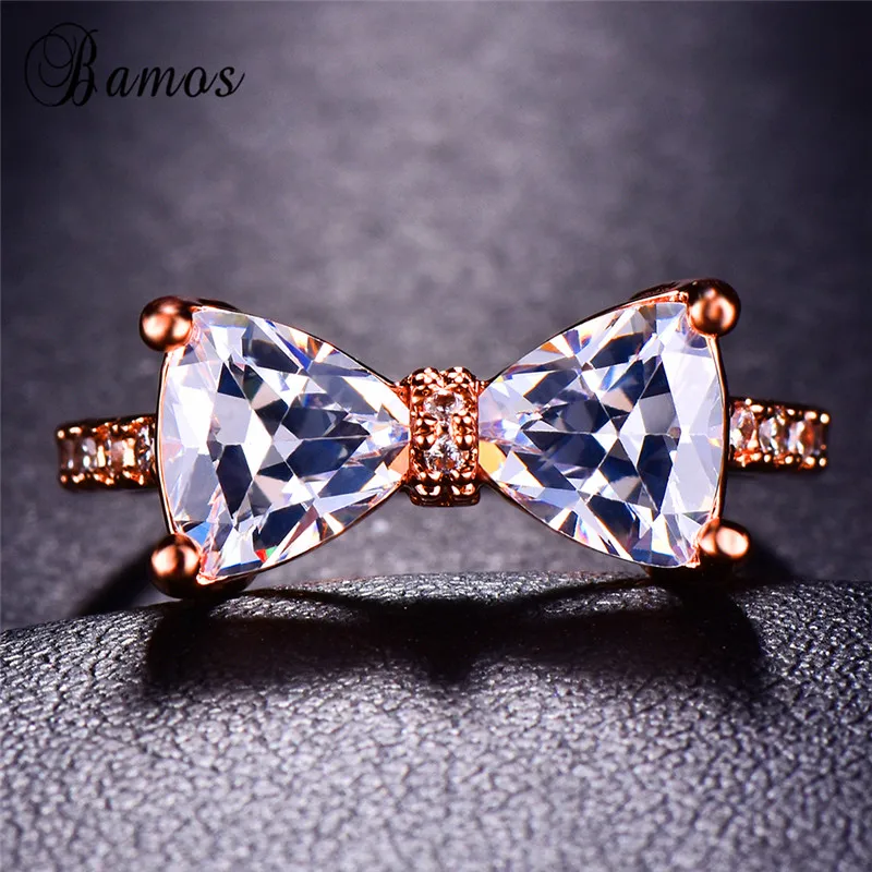 

Bamos Female Cute Bowknot Finger Ring Thin AAA Zircon Ring For Women Girls Rose Gold Filled Luxury Jewelry Bridesmaid gift