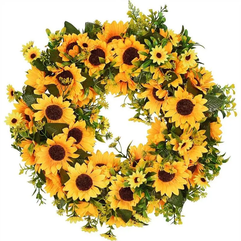 

Artificial Sunflower Summer Wreath-16 Inch Decorative Fake Flower Wreath With Yellow Sunflower And Green Leaves For Front Door