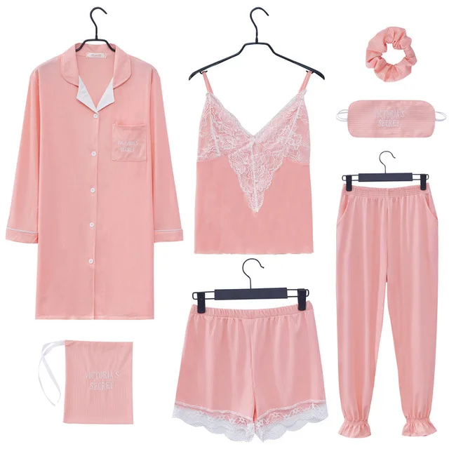 Женский пижамный комплект из 7 предметов, хлопковая шелковая Женская одежда для сна, пижамы для отдыха, топ и шорты, штаны, весна, лето, осень, зима - Цвет: Pink