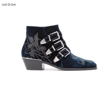 

New Leather Booties Buckle Straps Thick Heel Black Ankle Boots Rivers Studded Decorated Motorcycle Boots Shoes Women Pointed Toe