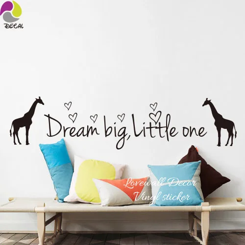 Cartoon Giraffe Dream Big Little One Quote Wall Sticker Baby Nursery Cute Animal Inspiration Motivation Quote Zebra Decal Vinyl (2)