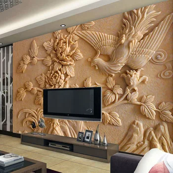 

Custom Wall Mural Paper Chinese Style Living Room TV Background 3D Stereoscopic Relief Phoenix Peony Wall Murals Wallpaper