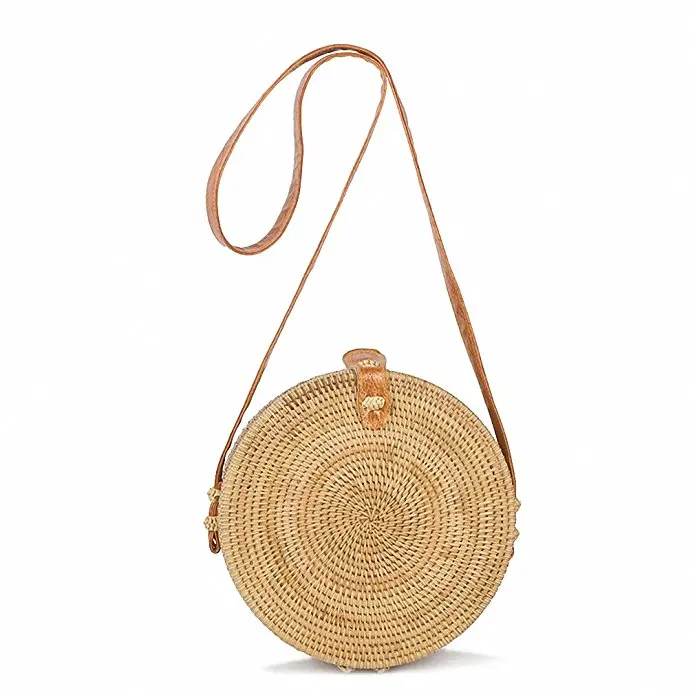 

Bali Vintage Handmade Crossbody Leather Bag Round Straw Beach Bag Girls Circle Rattan bag Small Bohemian Shoulder bag