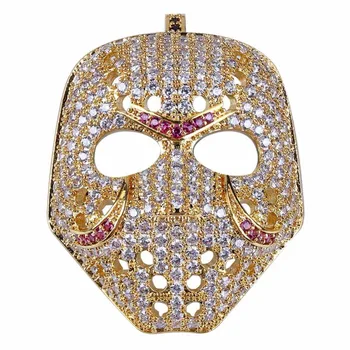 

Personality Retro Men Full Rhinestone Mask Pendant Hip Hop Cubic Zircon Gold Rose Gold Twist Chain Necklace Jewelry