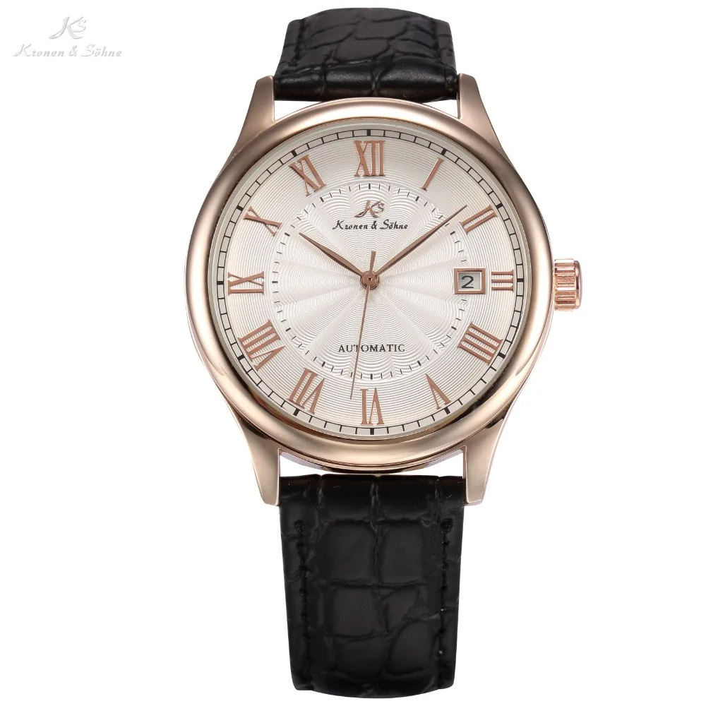 

KS Calendar Date Display Rose Gold Case Relogio Masculino Leather Band Analog Automatic Mechanical Mens Casual Wristwatch /KS243