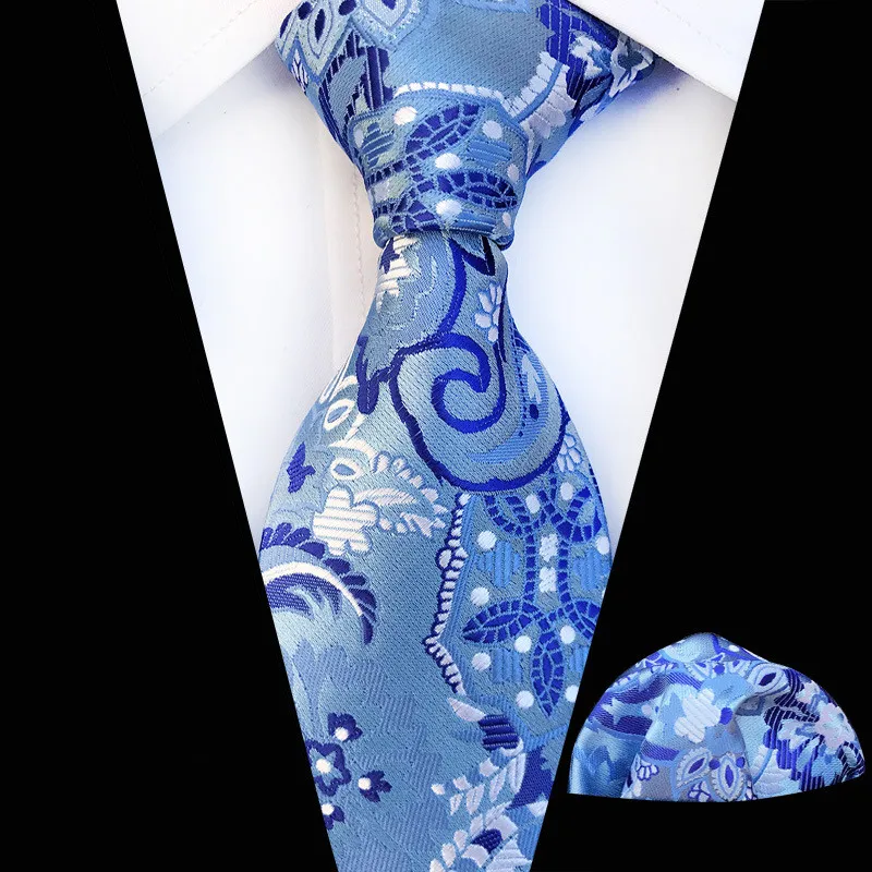 

New Mens Ties 2019 Luxury Paisley Blue Silk Tie with Hanky Tie Set Without Cufflinks Buisness Jacquard Woven Neck Tie