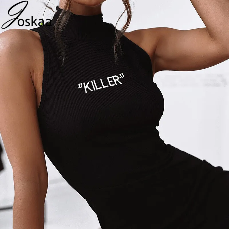 

Joskaa Letter Print Sleeveless Tank High Neck Dress Women Summer Casual Black Bodycon Dress Femme Vestidos 2019