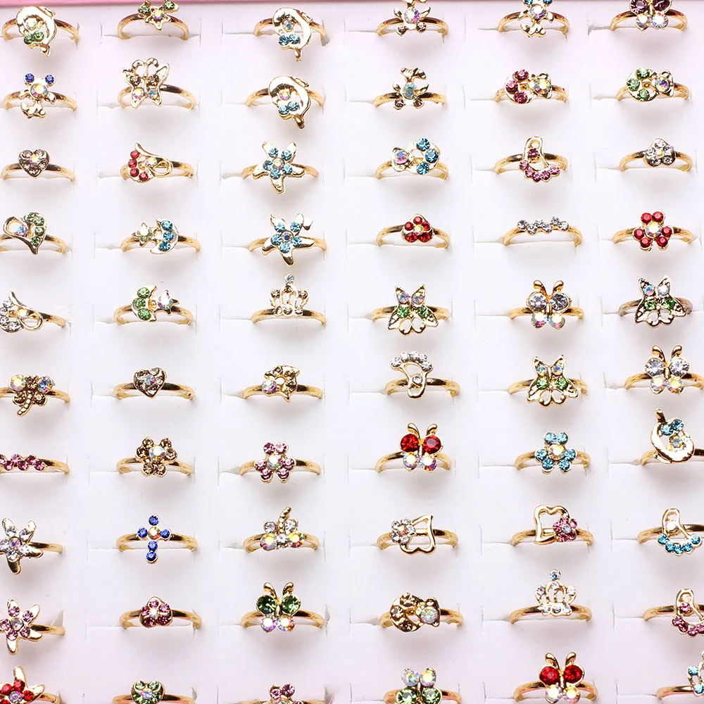 Wholesale Mixed 50pcs Assorted Cartoon Crystal Adjustable Gold Rings Kids Girls Boy Mix Styles Colorful Ring Party Jewelry