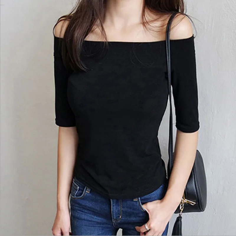 

Women T Shirt Off Shoulder Women Half Sleeve Solid T-Shirt Women Slash Neck T Shirt