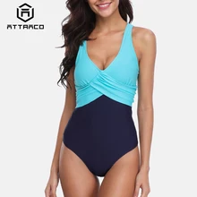 Attraco Women One Piece Swimwear Colorblock Swimsuit From Cross Sexy Bikini Summer Beachwear Monokini Bathing Suit dark grey sexy stripe colorblock bikini set