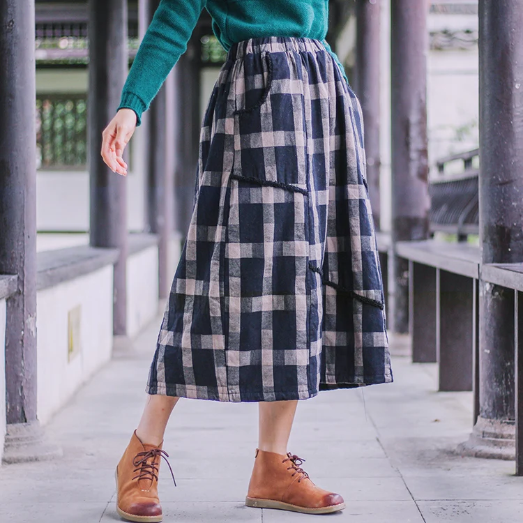 Women Elastic Waist Plaid Skirts Ladies loose Casual Retro Vintage