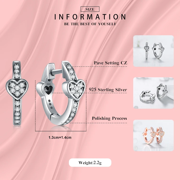 Modian Charm Fashion 100% Real 925 Sterling Silver Hearts Dazzling CZ Hoop Earrings For Women Crystal Sterling Silver Jewelry