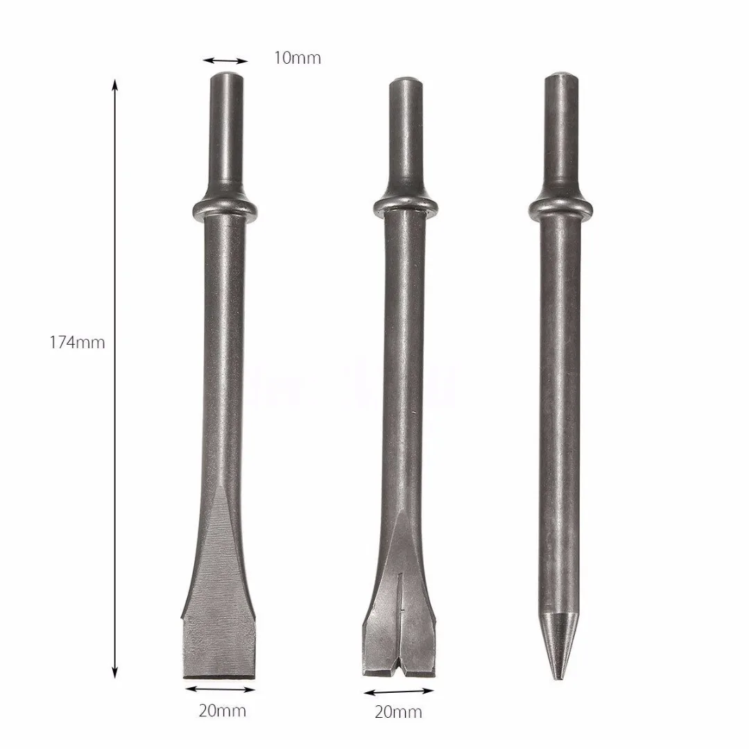 3 Pcs 7'' Length Air Hammer Punch Chipping Chisel Long Bit Set Round Bar Tool