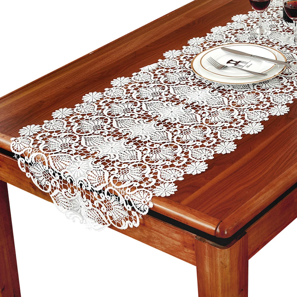 Embroidered Lace Table Runner TV Bench Stand End Table Cover Decoration 50cm x 50 70 90 120 150 180 210 250 280cm White