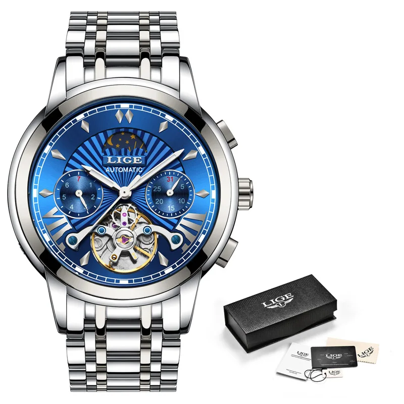 LIGE часы Классический турбийон синий циферблат Роскошные Мужские автоматические часы из нержавеющей стали водонепроницаемые механические часы для мужчин - Цвет: Silver blue