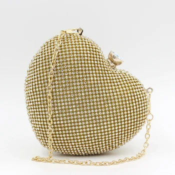 

women Evening Bags Rhinestone Heart Shape clutch purse Crystal diamond Women gold Silver Clutch Purse Chain Bridal Shoulder bag
