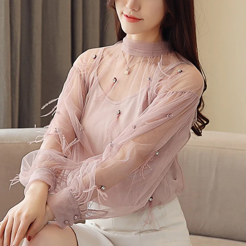 

2pcs Woman chiffon beading blouses shirt fairy long-sleeved beaded transparent lantern sleeve lace pearls Gauze Tops 2019