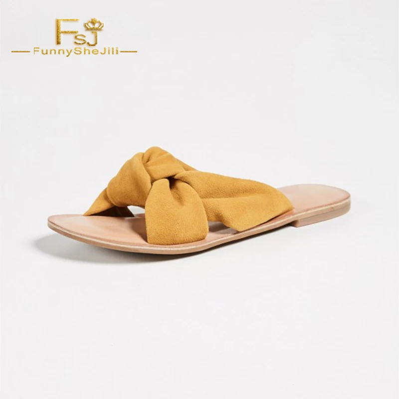 

Mustard Butterfly-knot Crossed-tied Slippers Open Toe Flats Mules Summer Outside Mules Elegant Woman Shoes Plus US Size 4-16 FSJ