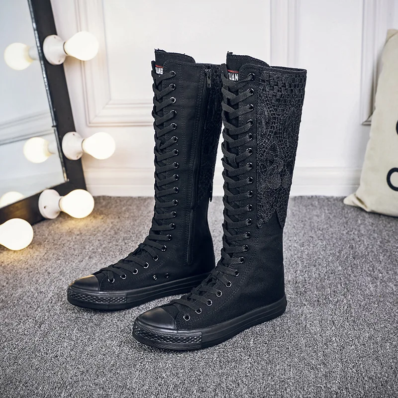 

2019 New high waist lace canvas canvas shoes front zipper lace fashion women's canvas boots women's knee high canvas shoes