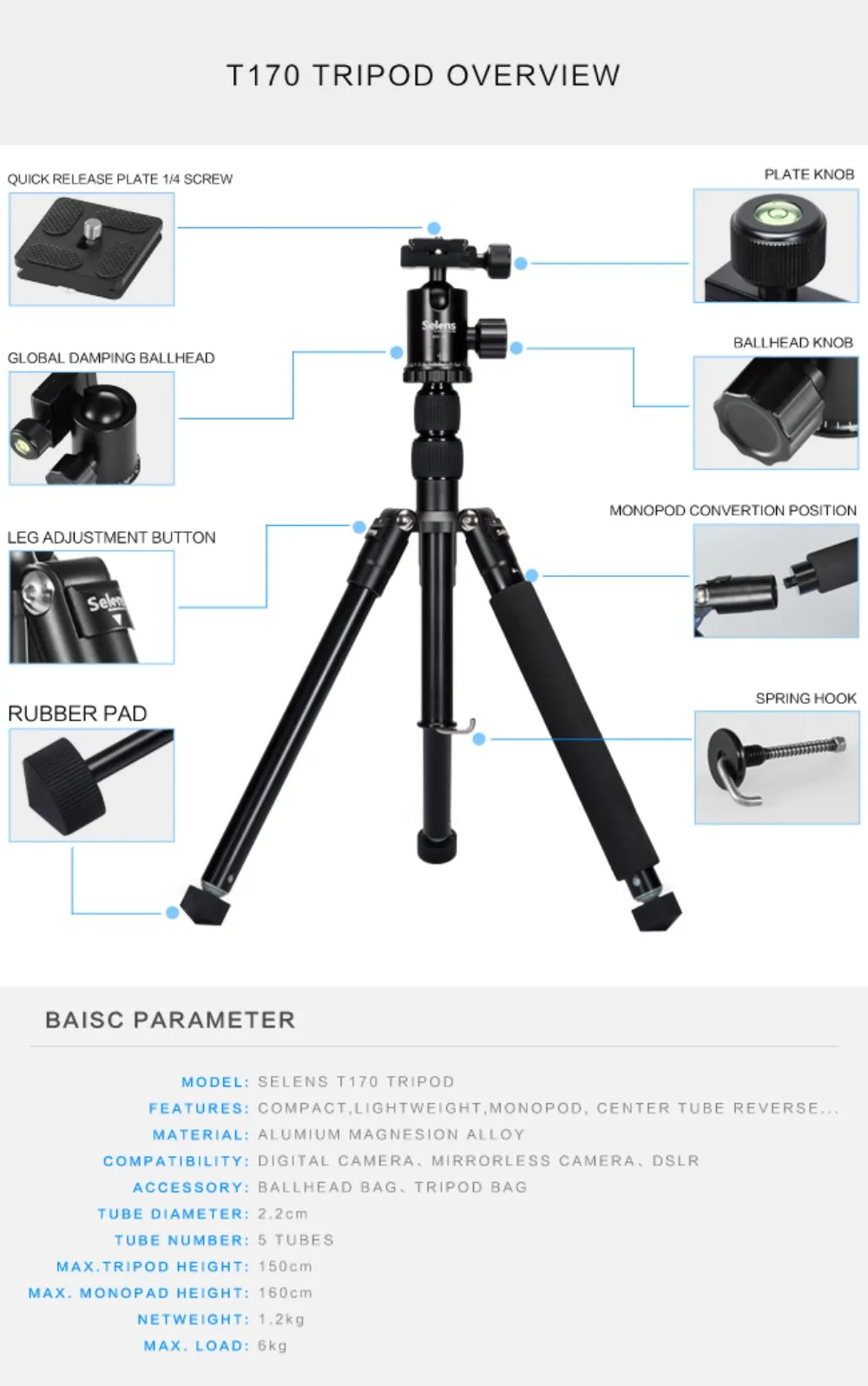 Selens 150 см/6" черный профессиональный штатив для фотографии монопод для DSLR камеры портативный легкий дорожный штатив