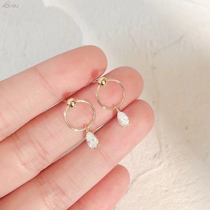 

AOMU Simple S925 Sterling Silver Pin Crystal Golden Metal Circle Hollow Dangle Drop Earrings for Women Girl Party Jewelry Gift