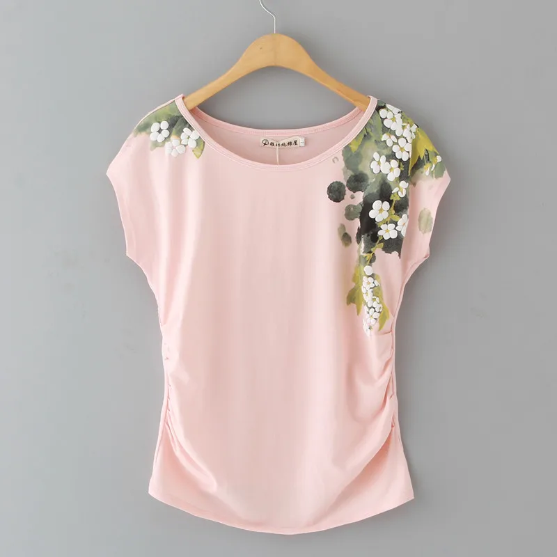 

Woman Summer Plus Size Solid O-neck Short Batwing Sleeve Fold 100% Cotton T-shirts Female Hedging Slim Tops Lady Print Tees