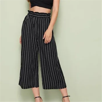 

Women's Wide Leg Pants New Striped Baggy Casual Trousers Summer Ladies' Fashionable High Waisted Elastic Nine Pants Hot Selling