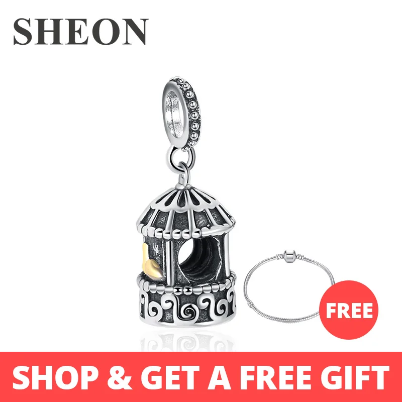 

SHEON 925 sterling silver birdcage charms crown heart lock beads fit authentic pandora bracelets diy fine jewelry accessories