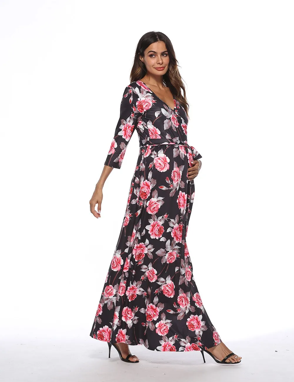 

Summer New Fashion Women's Pregnancy V Collar High Waist Dress Maternity Waist Belt Long Dress Wholesale Free Ship Z4