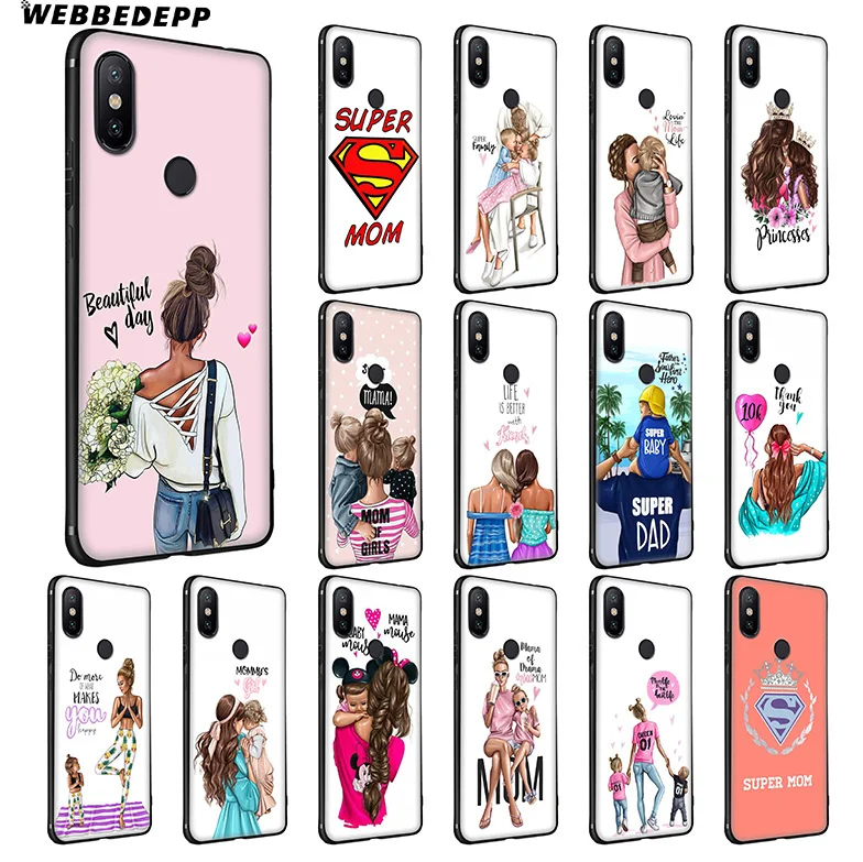 WEBBEDEPP Black Brown Hair Baby Mom Soft Silicone Case for Xiaomi Redmi Note 7 6 6A 5 4 4X 4A S2 Plus Pro Lite Go |