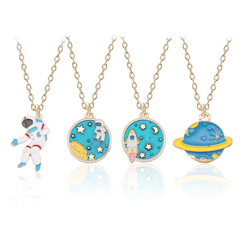 

Trendy Galaxy Planet Earth Necklace Women Cartoon Gold Enamel Colorful Astronaut Rocket Moon Star Necklaces Pendants Collares