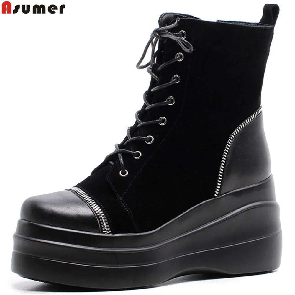 ASUMER black fashion round toe zipper ladies shoes platform wedges boots cross tied women suede