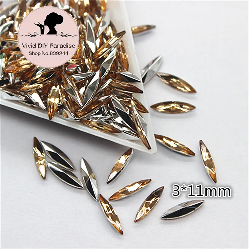 200pcs 3*11mm Champagne Horse Eye Design Acrylic Glitter Rhinestone