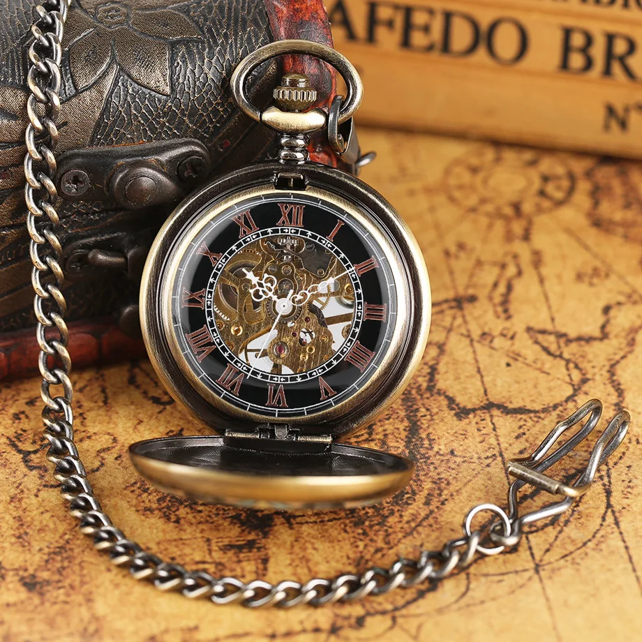 Steampunk Crystal Flower Mechanical Pocket Watch Skeleton Roman Numbers Cooper Vintage Hnad Wind Watches With 30cm Chian (12)