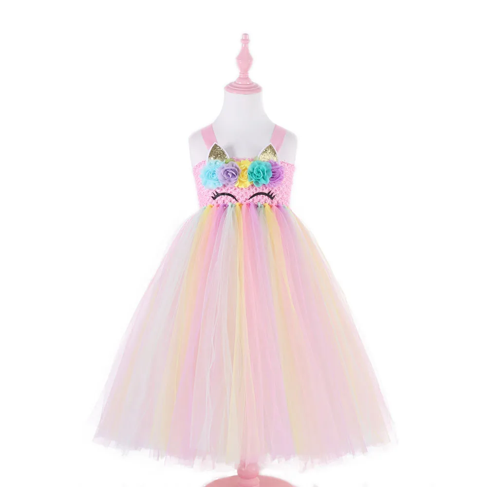 Для девочек прекрасный единорог костюм Радуга юбка принцессы с головные уборы для детей День рождения принцессы Косплэй нарядное платье